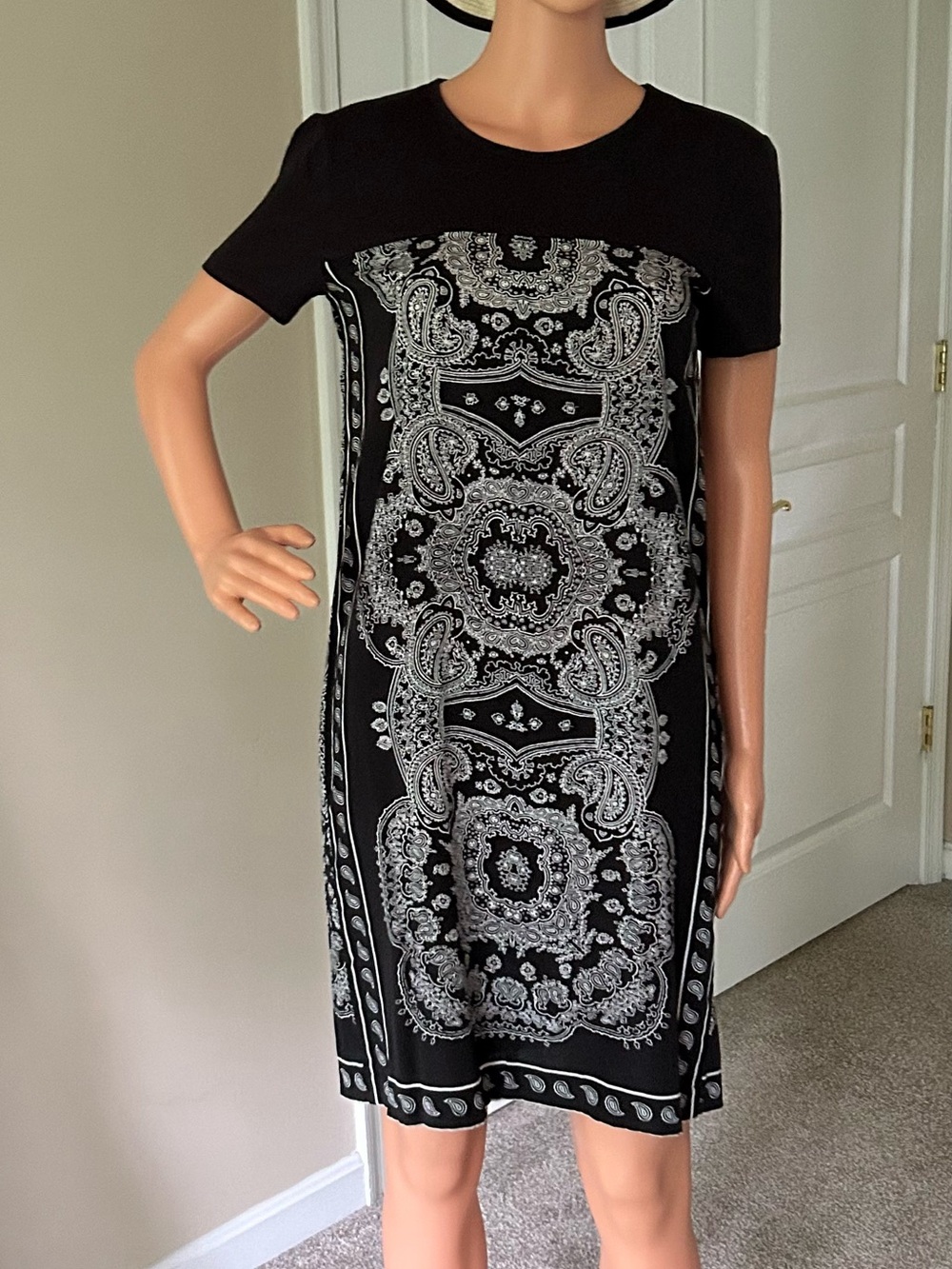 DKNY Black and White Paisley Midi Dress
